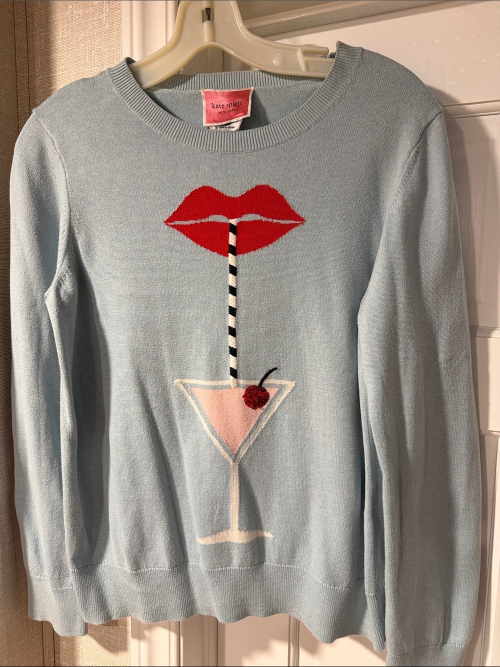 kate spade Light Blue Sweater with Red Lip & Pink Cocktail Graphic
